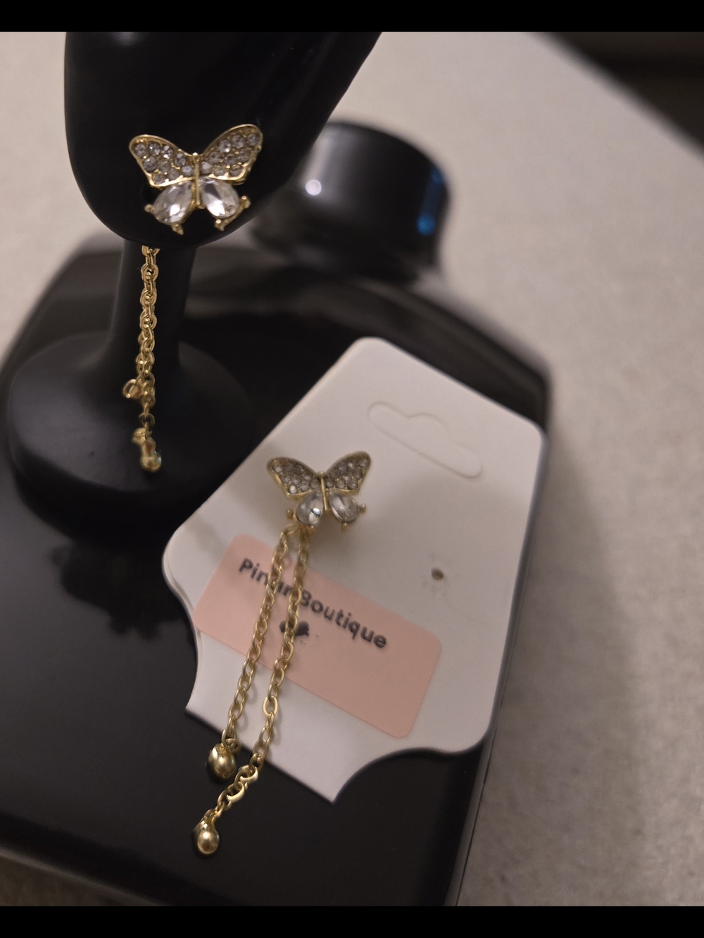 Gold Butterfly Drop Earrings with Crystal Accents